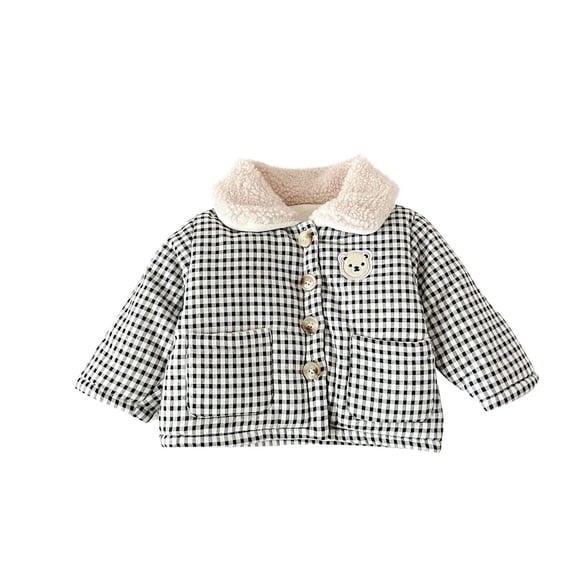 Plaid Cotton Jackets for Toddler Button Down Bear Embroidery Coat Casual Peter‑Pan Collar Long Sleeve Outerwear with Pockets Solid Loose Warm Outdoor Daily Wear Age 0‑3Y