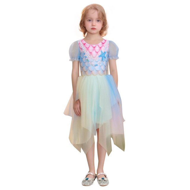 Icvfdpl Robes de Demoiselle d'Honneur, Manches Bouffantes à Sequins, Tenue de Fête pour Enfants, Tutu en Filet, Tenue Quotidienne, Robe d'Été Douce 3-4 Ans