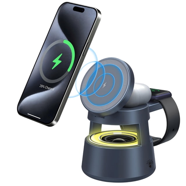 Cargador inalámbrico magnético de carga rápida 5 en 1 con altavoz y luz nocturna compatible con iPhone/i-Watch y auriculares
