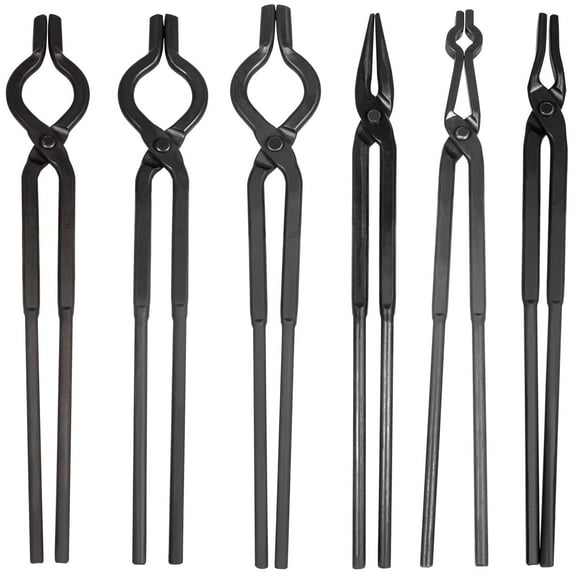 Beginner blacksmith tongs Blacksmith Forge Tong Tools Set Includes 1/4 Flat Jaw Pick Up Scroll 3/8 1/2 5/8 V-Bit Tongs (6 Piece)