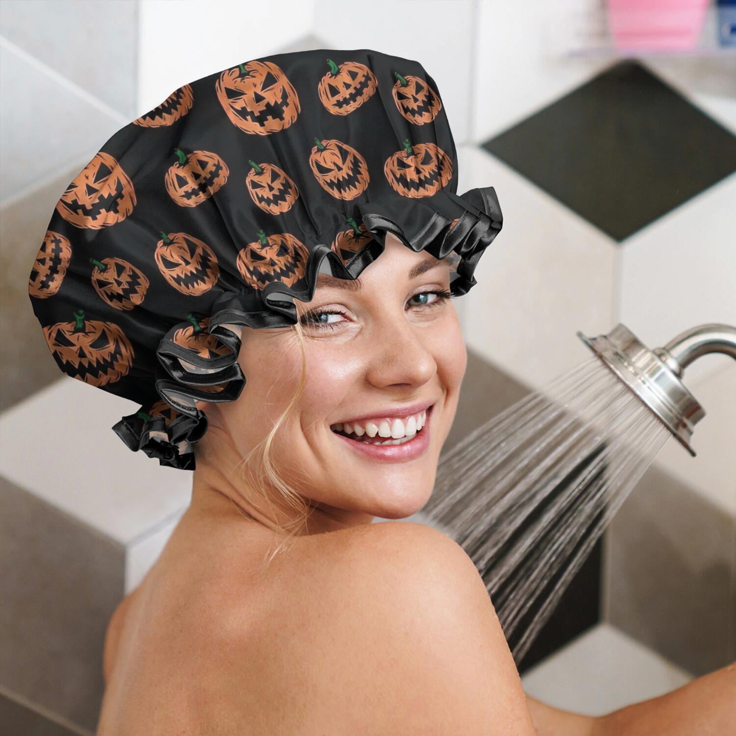Shower Caps,Halloween Spooky Pumpkins Pattern Waterproof Shower Cap for Women 4 Pieces,Double Reusable Hair Cover for Shower PEVA Elastic Stretch Hem