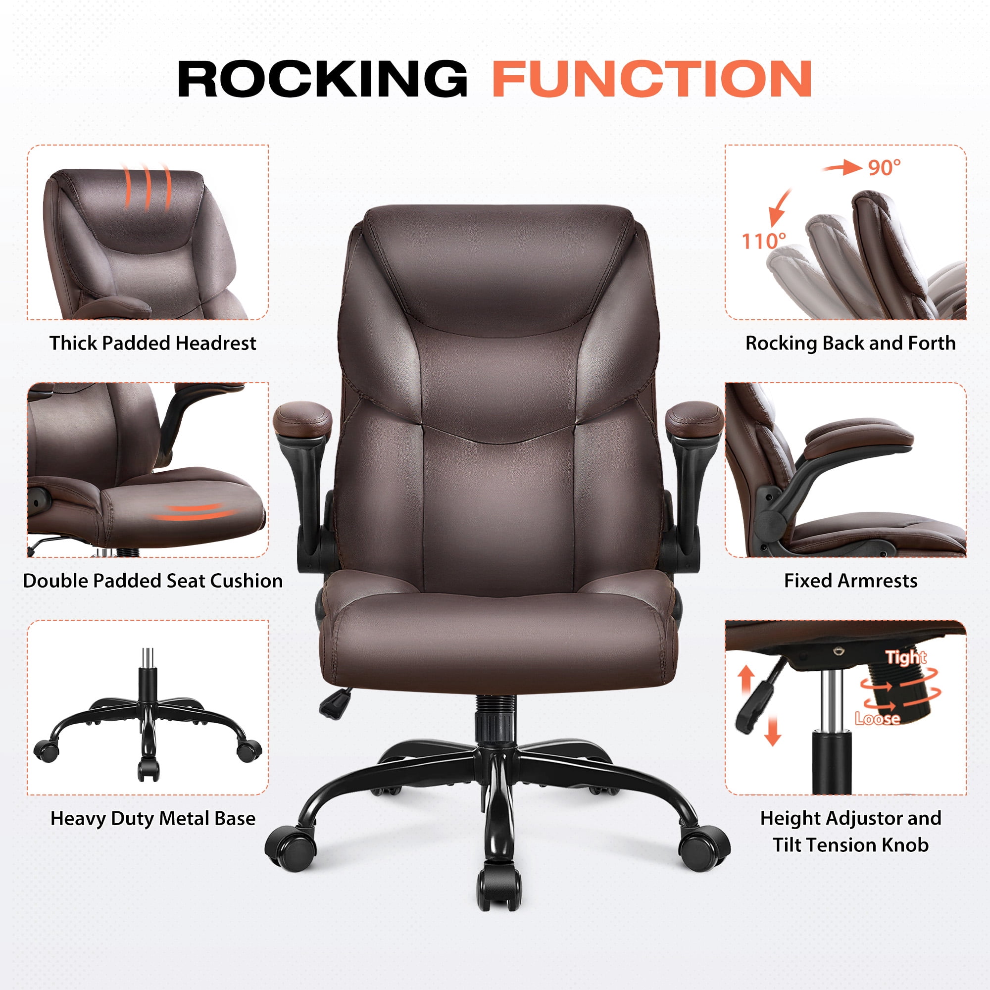 JONPONY Leather Office Chair, Big and Tall Office Chair 400LBS Wide Seat Ergonomic Computer Desk Chair High Back Executive Leather Chair Adjustable Task Chair, Brown