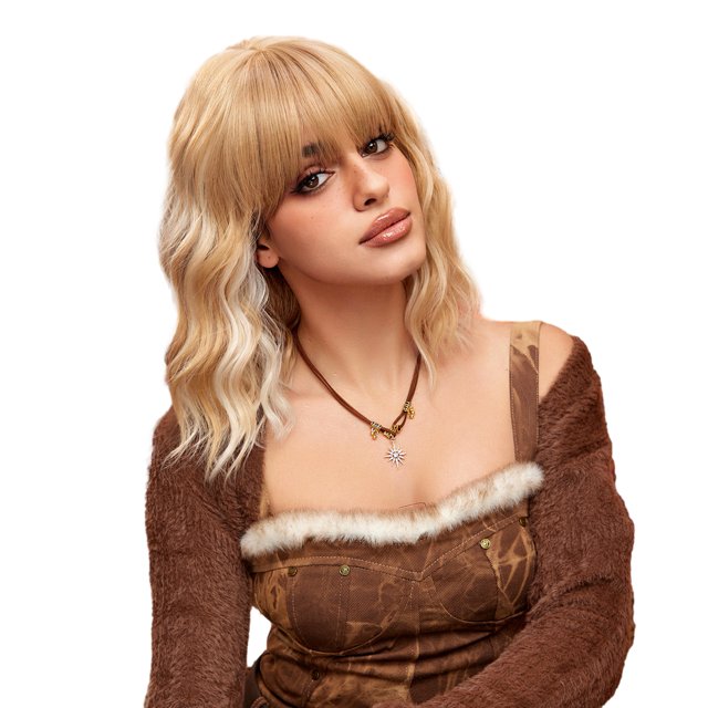 Shoulder-Length Short Curly Hair Wig with Bangs Natural and Voluminous Wavy Curls Women's Wig with Hair Net Heat Resistant Synthetic for Women Cosplay Party Daily Use