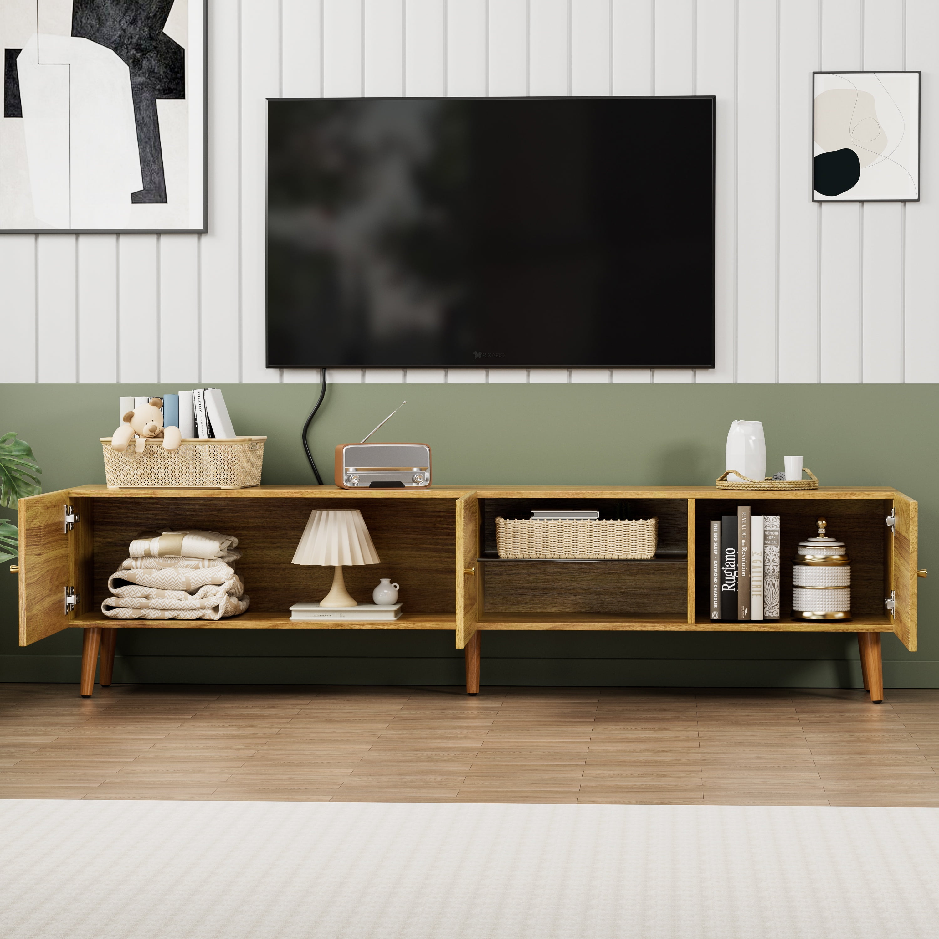 Paproos TV Stand for 70 inch TV, Mid Century TV Cabinet with 3 Doors, TV Console Table with Storage Cabinets, Media Console Table Entertainment Center with Open Shelve for Living Room, Office, Oak