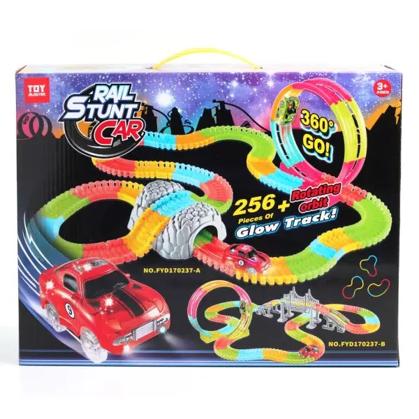 Tradeopia Rail Stunt Car Set: 256-Piece Glow Track with 360° Rotating Orbit, LED Race Cars, and Easy Storage