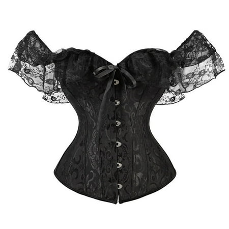 MNCEKFOD Shapewear for Women Sexy Stretch Lace Up Vintage Boned Bustier Corset With Garters Boned Overbust Corset Bustier Lingerie Black S