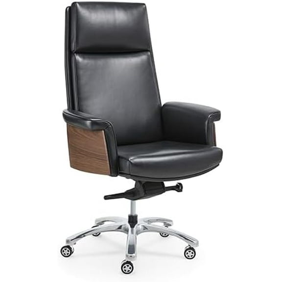 Fohfurniture Genuine Leather Executive Office Chair, High Back Ergonomic Desk Chair with Headrest, 360° Swivel, Height Adjustable, Wood Back Shell & Roller Casters for Home Office, Conference Room