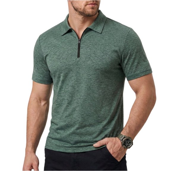 LNZGNM Polo Shirts for Men 1/4 Zip Up Short Sleeve Slim Fit Golf Shirt Casual Solid Color Collared T-Shirts Lightweight Breathable Workout Tops,Dark Green 2XL
