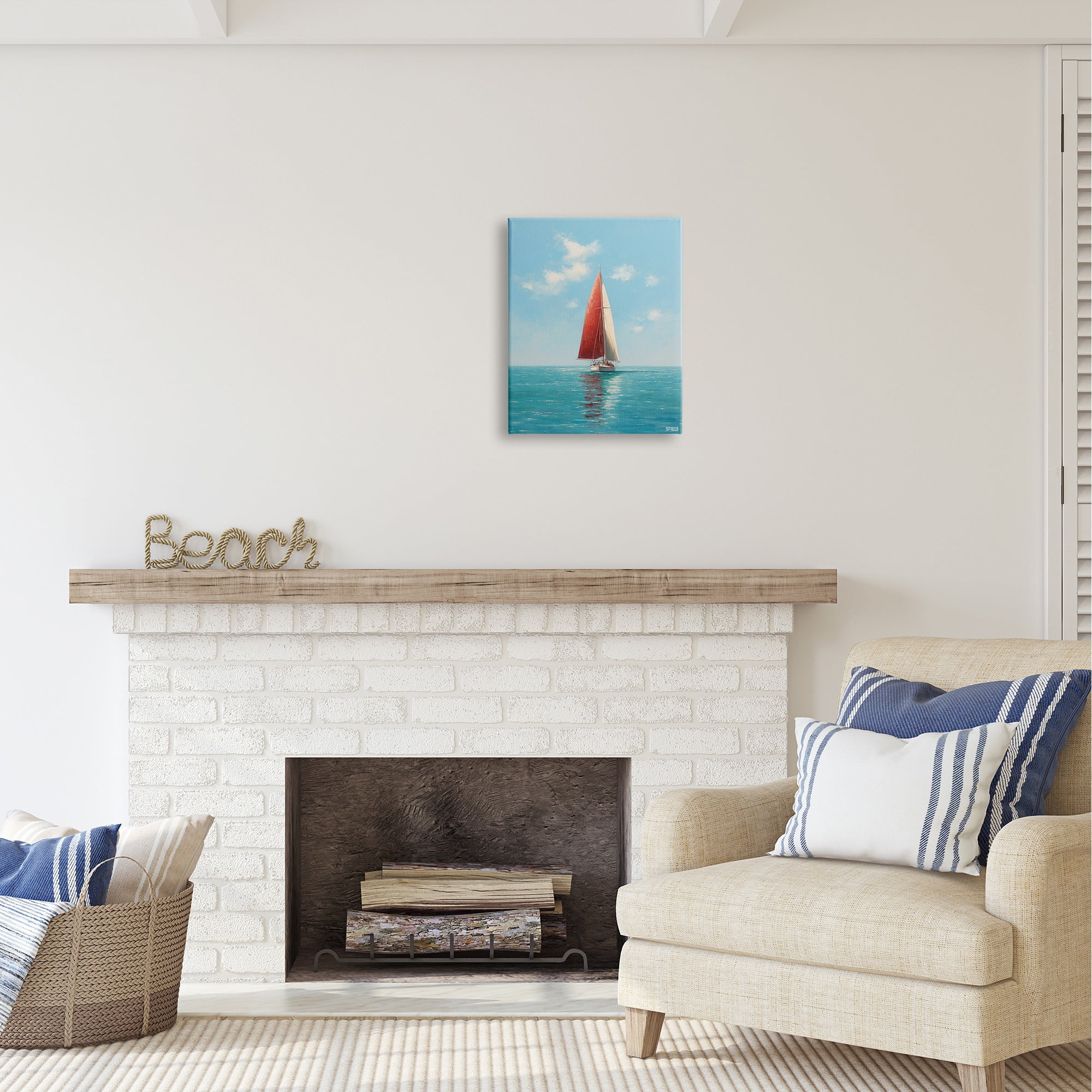 Stupell Industries Red Sailboat on Sea Transportation Painting Gallery Wrapped Canvas Art Print Wall Art, 16 x 20