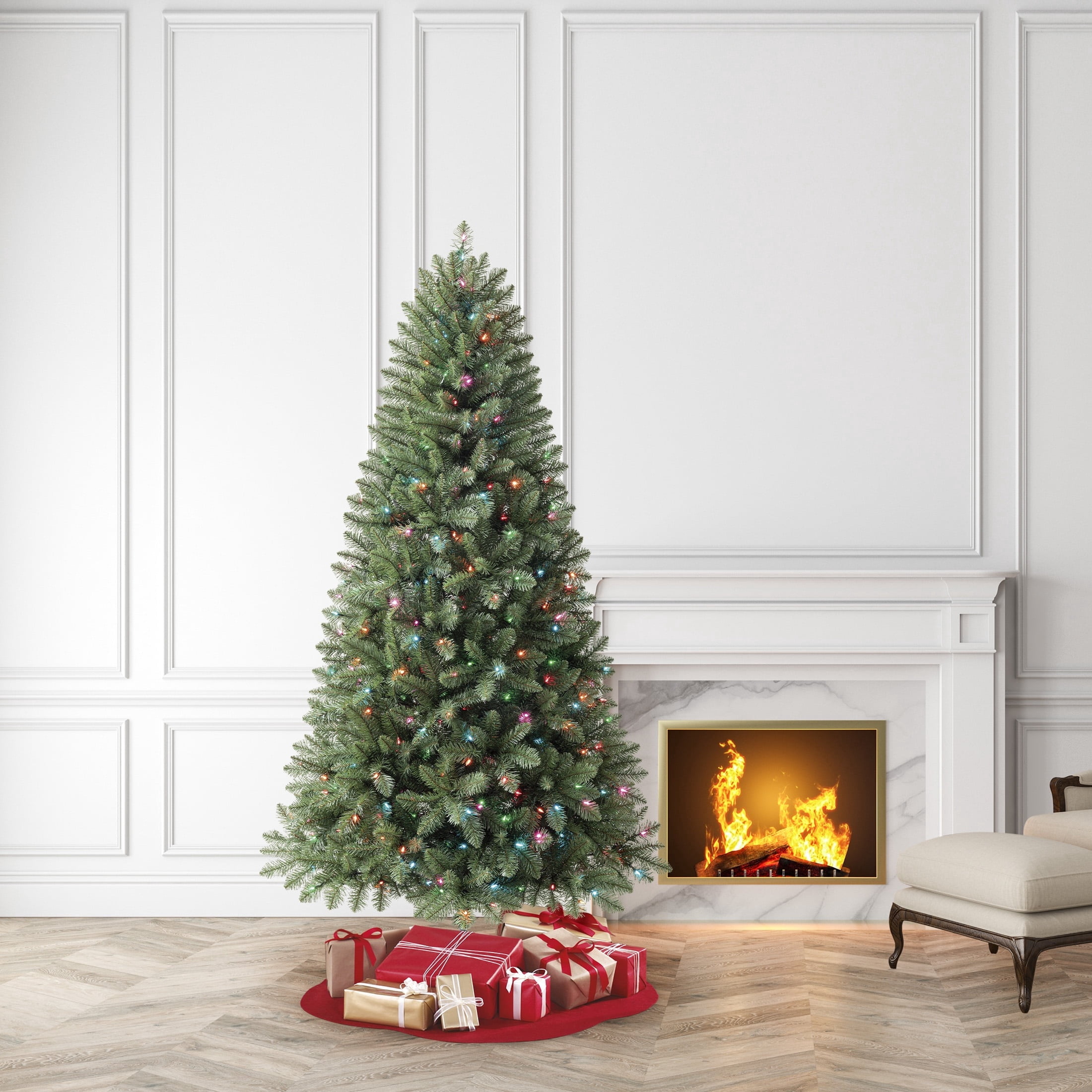 7.5' Pre-Lit Kennedy Fir Green Artificial Christmas Tree with Color-Changing Small LED Lights, Quick Set, and Stand, by Holiday Time