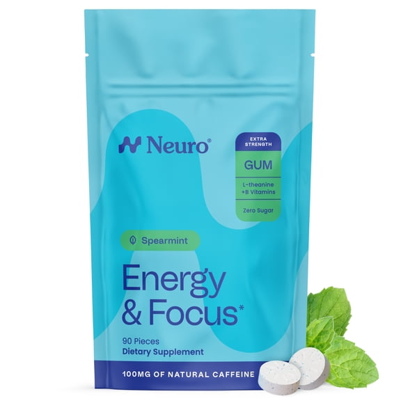 NeuroGum Extra Strength Energy & Focus Gum (90 Count Bag, Spearmint) | 100mg Natural Caffeine