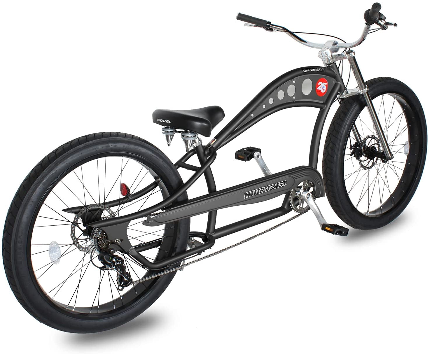 WonderWheels 26" Stretch Cruiser Shimano TX-35 7SP with Disc Brake (F&R) Moon-Type Handlebar, Alloy Black Rims, 26x4.0 Black Tire - Matte Black