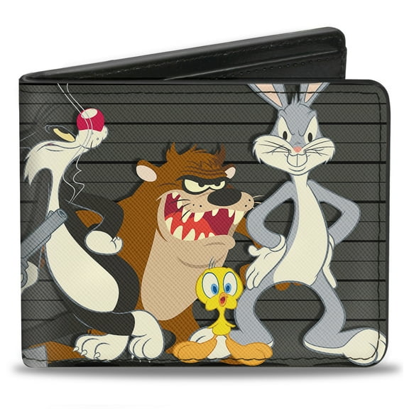 Looney Tunes Wallet, Bifold, Looney Tunes Character Group Lineup Gray Black, Vegan Leather