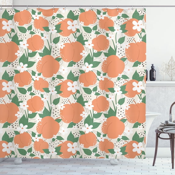 Ambesonne Peach Shower Curtain, Blooming Fruits and Flowers, 69"Wx75"L, Persian Orange Fern Green