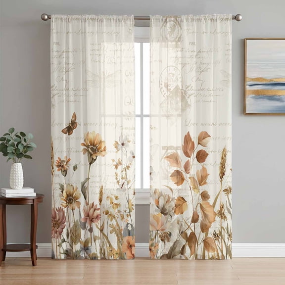Vintage Floral Sheer Curtains 72 Inch Length 2 Panels Set, Spring Flowers Eucalyptus Leaves Retro Voile Window Treatment Rod Pocket Curtains Sheers Drapes for Bedroom/Living Room/Kitchen 52"x72"x2