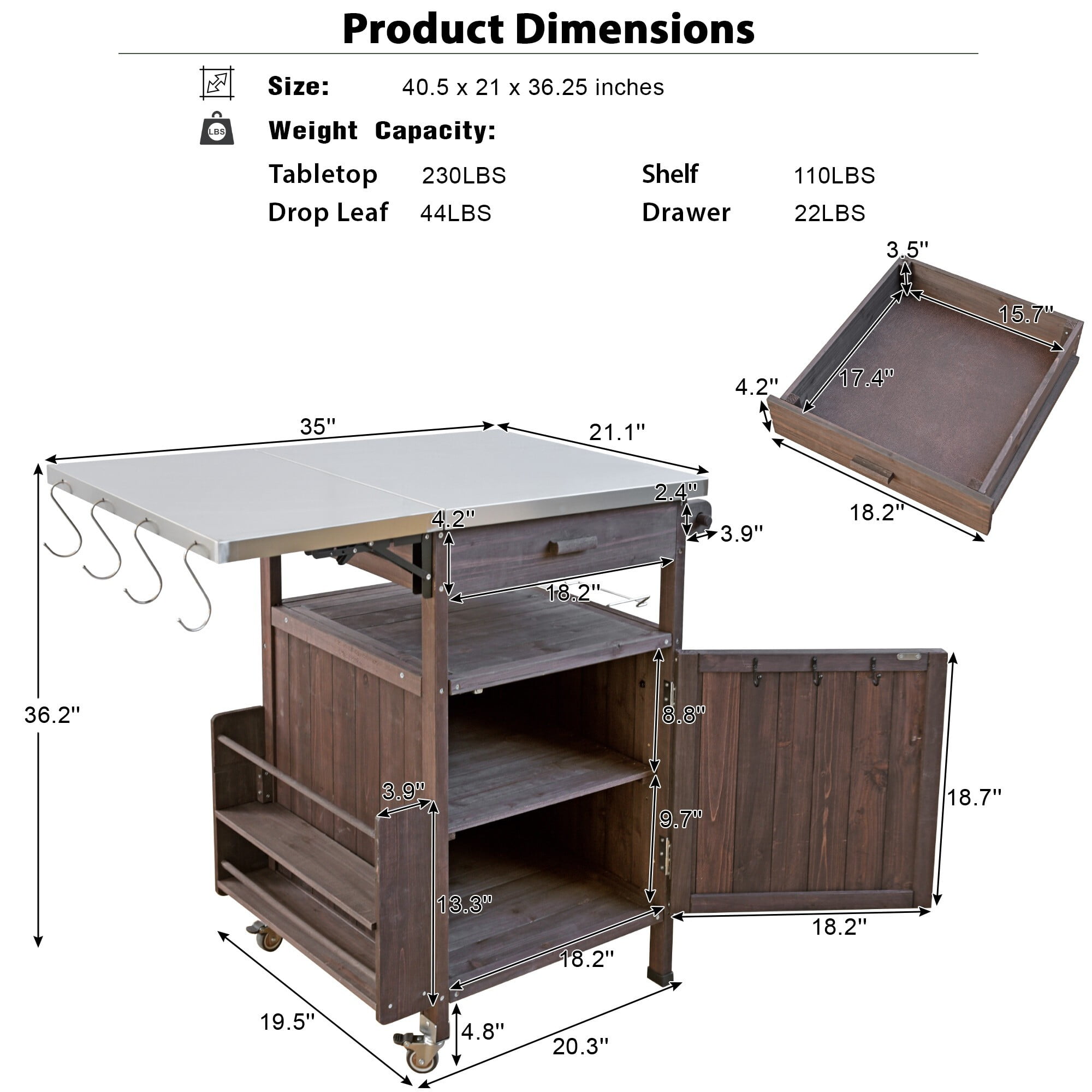 AENKYO Outdoor Grill Cart with Stainless Steel Top, Drop Leaf, Cabinet & Wheels, BBQ Prep Table for Patio & Backyard, Brown