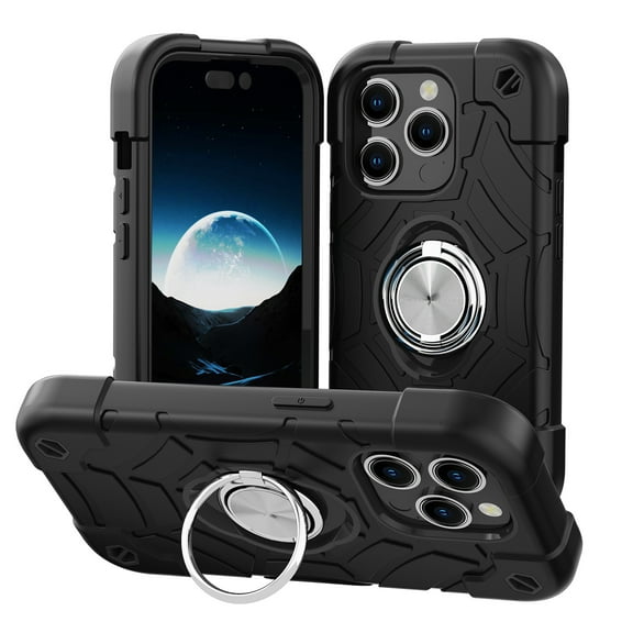 SaniMore for iPhone 15 Pro Max Case, Tri-layer Hybird PC TPU Heavy Duty Protective Cover with Tempered Glass Screen Protector (2PCS) Rotating Ring Kickstand Drop Resistant Shockproof, Black