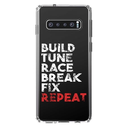 DistinctInk Clear Shockproof Hybrid Case for Samsung Galaxy S10 (6.1 Screen) - TPU Bumper Acrylic Back Tempered Glass Screen Protector - Build Tune Race Break Fix Repeat