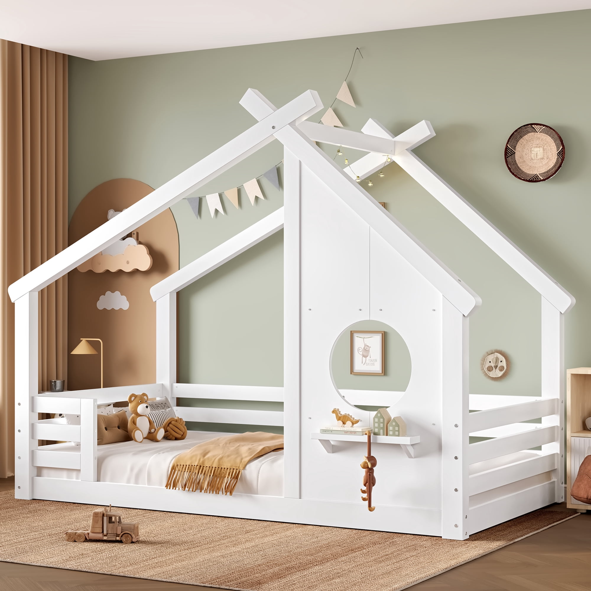 Jopath Twin Size House Floor Bed with Window and a Small Shelf, Solid Wood Floor Bed with House-shaped Roof for Boys Girls White