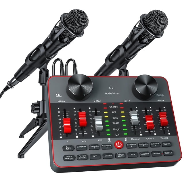 Podcast Equipment Bundle for 2 Mic Tiktok Video Content Creator Kit, Audio Interface DJ Mixer Sound Card/Board Condenser Micropho