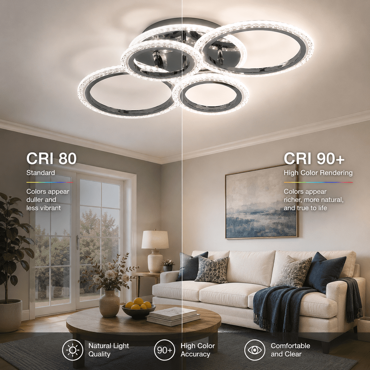 Garwarm Chrome 6-Ring LED Ceiling Light, Modern Dimmable 3000K-6500K Flush Mount Ceiling Light with Remote, Acrylic Ring Ceiling Lamp Fixture for Living Room, Dining Room, Bedroom