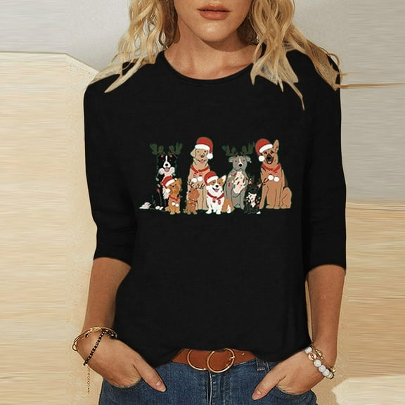 Elvqul Cozy Tops for Women Plus Size Shirts Graphic Holiday Crew Neck Christmas Black Womens Tops 3/4 Sleeve