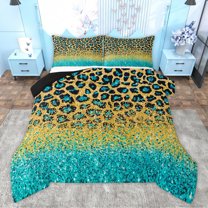Homewish Cheetah Leopard Print Bedding Comforter Set for Adult, Gold Cyan Twin Comforter Sets, Glitter Sequin Print Reversible Bedding Set, Lightweight Room Decor, 2-Piece