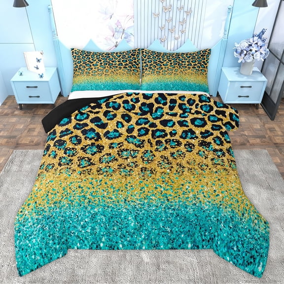Homewish Cheetah Leopard Print Bedding Comforter Set for Adult, Gold Cyan Twin Comforter Sets, Glitter Sequin Print Reversible Bedding Set, Lightweight Room Decor, 2-Piece