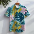 thumbnail image 3 of Camisa hawaiana de manga corta para hombre, informal, para playa, con botones, estampado floral en 3D de hojas tropicales, para vacaciones de verano, con solapa, 3 of 5