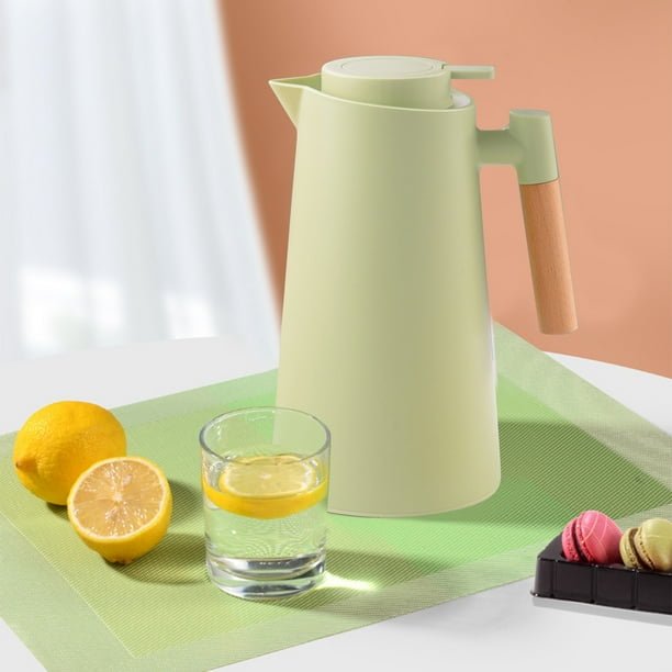 Tetera aislada, uso doméstico, tetera de presión, doble forro de vidrio, mango de madera de haya, fuerte retención de calor, presiona un botón, sin agua, termo verde claro