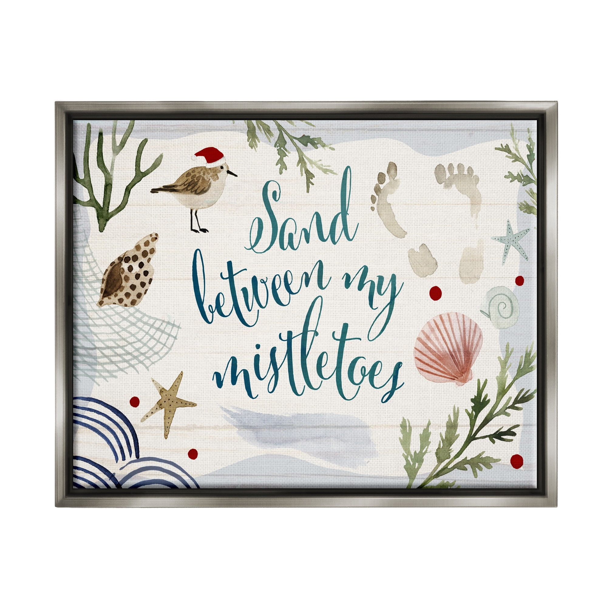 Stupell Industries Sand Between Mistletoes Phrase Nautical Beach Christmas Luster Gray Framed Floating Canvas Wall Art, 24x30, by Victoria Barnes