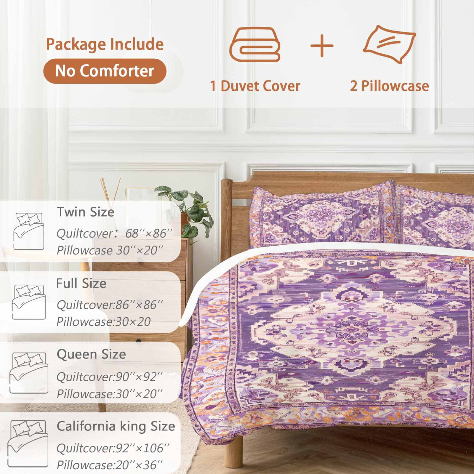 Purple Orange Boho Bedding 3 Piece Duvet Cover Set California King, Ethnic Geometric Middle Century Art Soft Microfiber Comforter Cover with Zipper Closure & Pillowcases, FadeResistant Quilt Cover