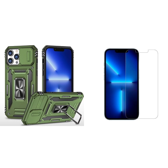 Bemz Hybrid Armor Case for iPhone 14 Pro Max (Rugged Protector with Camera Protection Cover and Rotating Ring Stand) with (2-Pack) Tempered Glass Screen Protectors - Forest Green