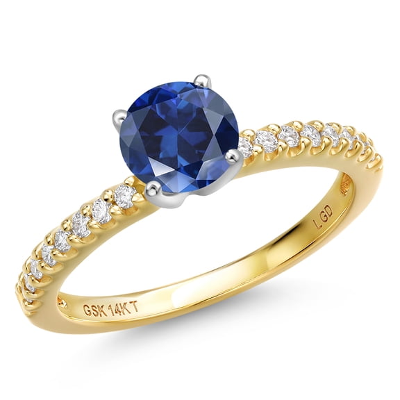 Gem Stone King 14K Two Tone Gold Blue Created Sapphire and Lab Grown Diamond Engagement Ring for Women | 1.16 Cttw | Round 6MM | Gemstone September Birthstone | Size 5