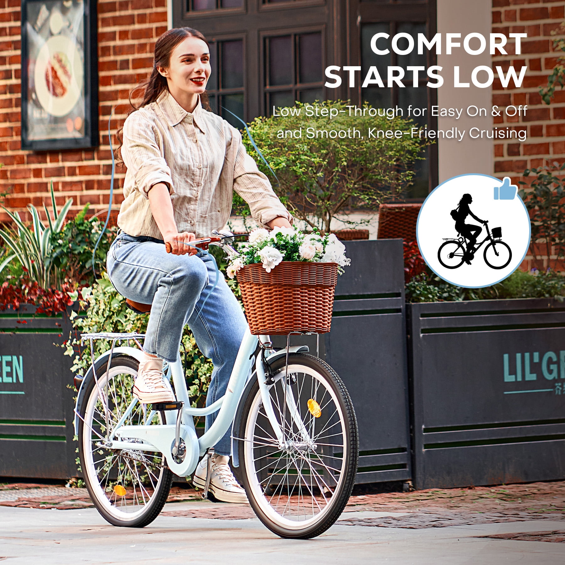 Viribus 24 inch City Cruiser Bicycle with Carbon Steel Frame Dual V Brakes Basket,Commute Bike for Women Adults,Blue