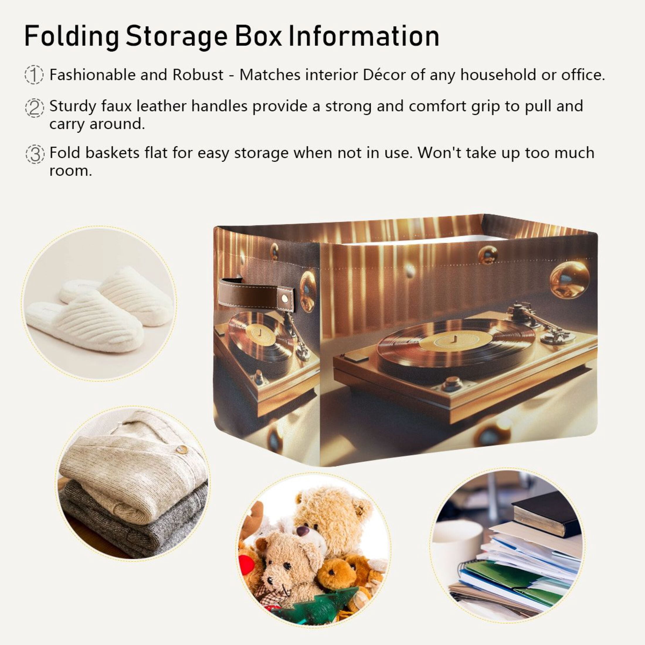 Vinyl Record Player Pattern Foldable Storage Basket,Canvas Fabric Foldable Storage Bins with Handles Open Home Storage Bins Boxes for Toy Book Shelf Closet Baskets