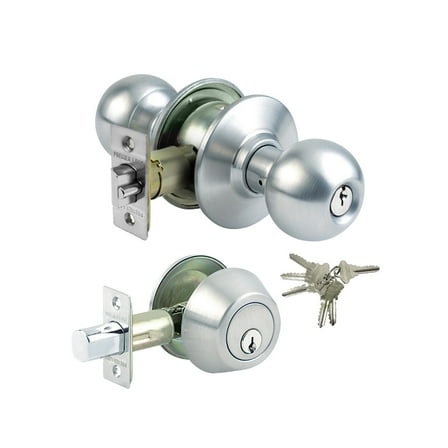 Stainless Steel Grade 3 Combo Lock Set with Entry Door Knob and Deadbolt With 6 SC1 Keys - Boxed Keyed Alike