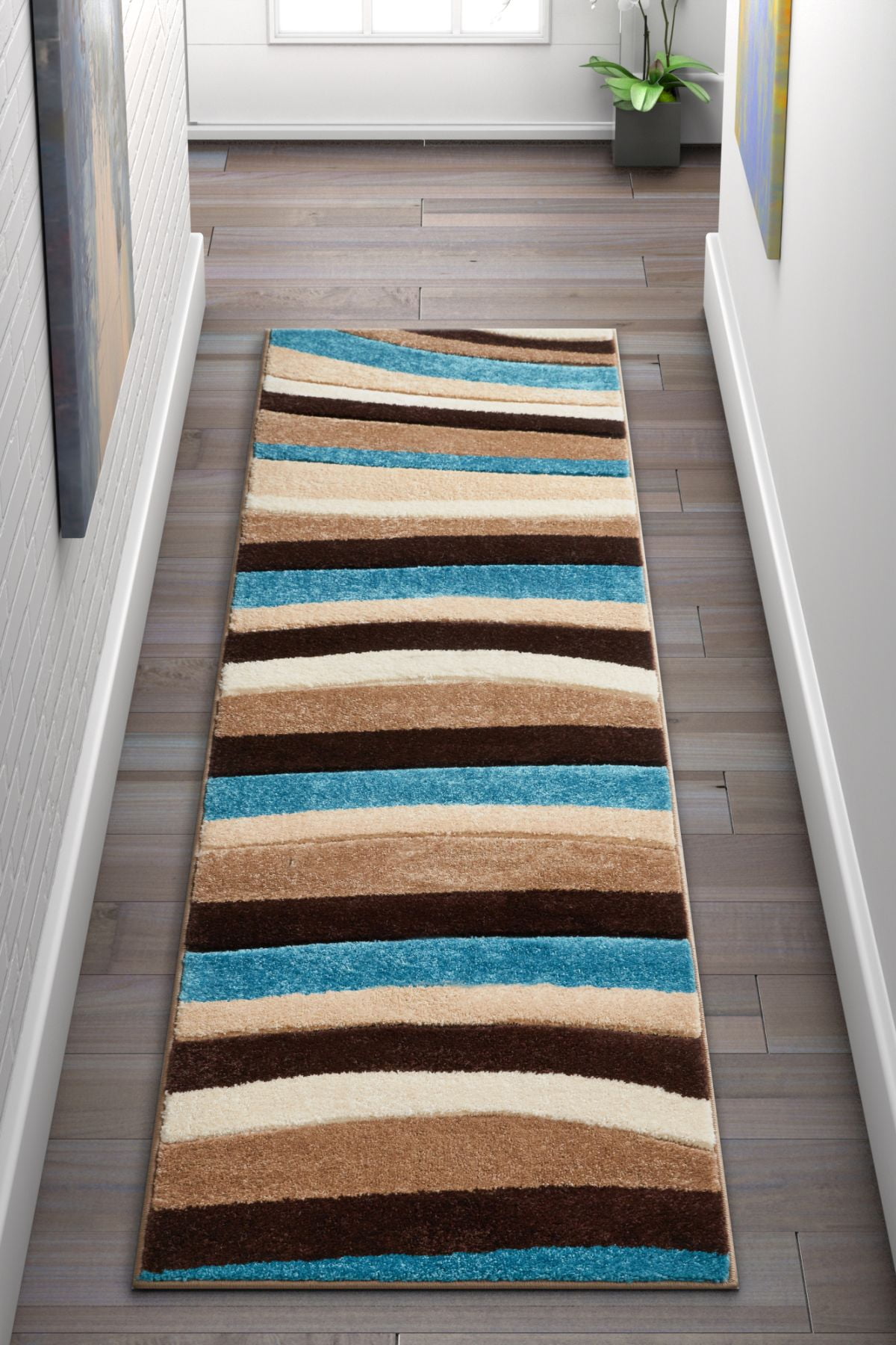 Well Woven Ruby Rad Waves Modern Contemporary Blue Geometric Solid Stripes 2' x 7' Runner Area Rug