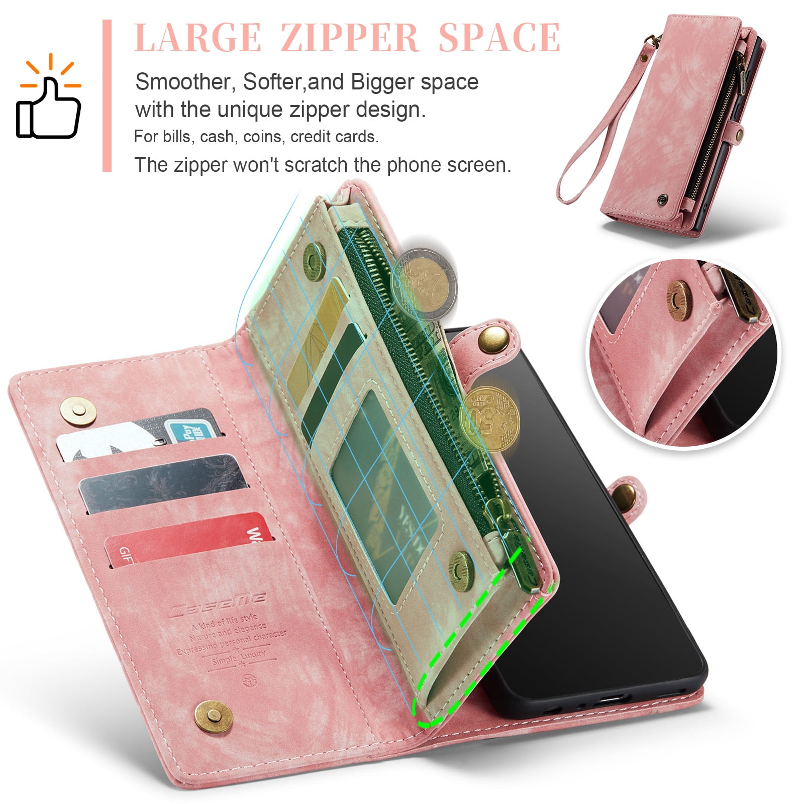 Feishell Durable 2- In-1 Magnetic Detachable Wallet Case for Samsung Galaxy A52 4G/5G,for Women Men,Premium PU Leather Zipper Pocket Flip Multi Card Slots Purse Phone Case with Wrist Strap,Pink