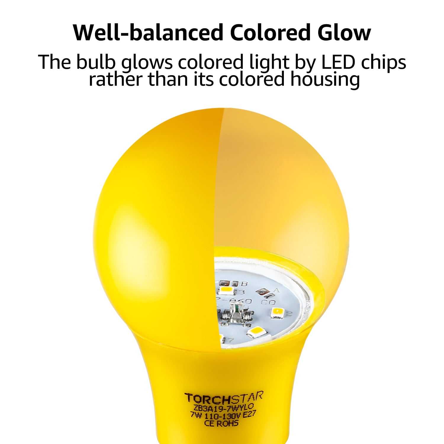 6 Pack Yellow LED A19 Colored Light Bulb, 7W, Medium E26 Base, Outdoor Bug Free Lights for Porch, Patio, Backyard, Entry Way