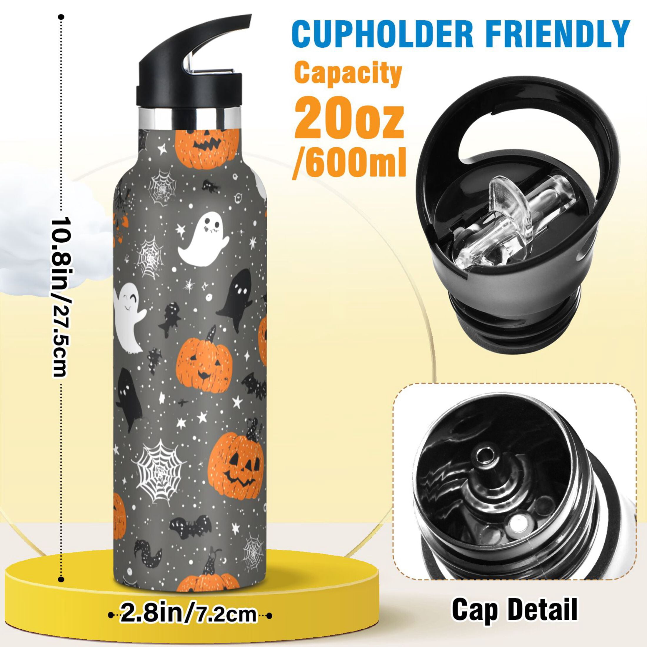 Kids Insulated Stainless Steel Sports Water Bottle 600ml (20oz) Pumpkins and Ghosts