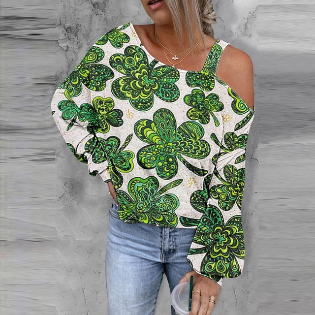 Chandail en Molleton pour Femmes Mode Chandail en Molleton Imprimé pour la Saint-Patrick Chemise à Épaules Dénudées Graphique Manches Longues Chandail Tops