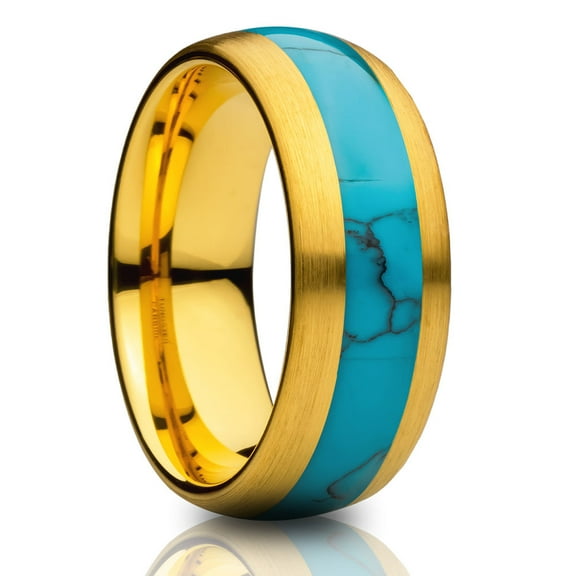 Yellow Gold Wedding Ring,Tungsten Wedding Ring,8mm Wedding Ring,Turquoise Wedding Band,Anniversary