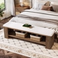 thumbnail image 2 of Finmind 63" Solid Wood Entryway Bench, Upholstered End of Bed Bench with Cushion for Entry, Brown, 2 of 11