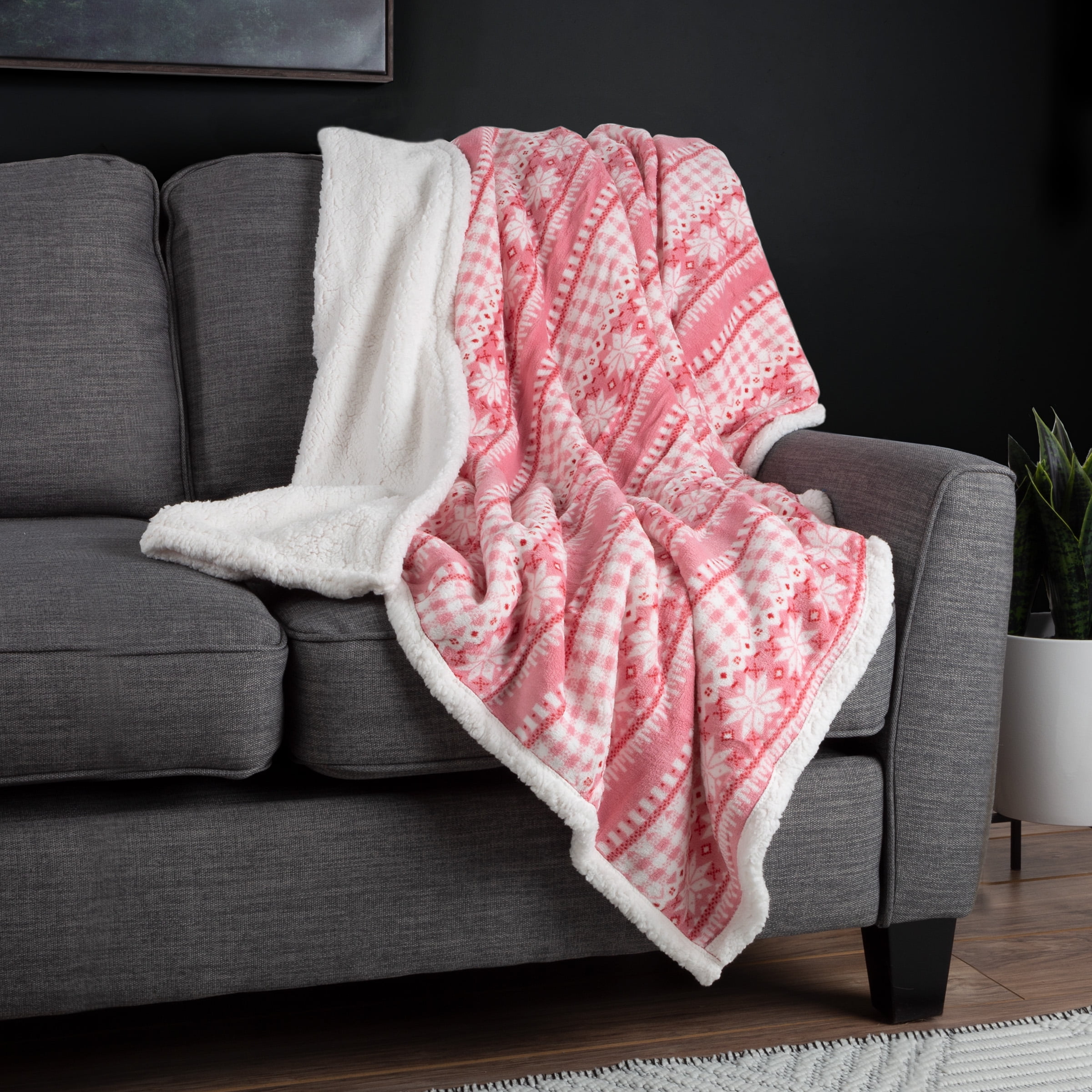 Somerset Home 50x60 Fleece Blanket - Machine Washable Throw Blanket for Couch, Bed and Sofa with Snowflakes (Pink)