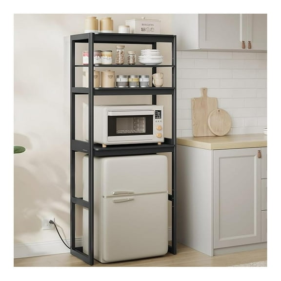 Kitchen Bakers Rack with Power Outlet, 4-Tier Coffee Bar Table with Adjustable Shelf, Mini Fridge Shelf, Microwave Stand, 15.7 x 23.6 x 66.9 Inches, Black UKKS043B01