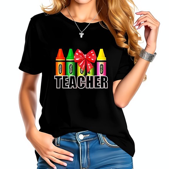 Colorful Crayon Teacher T-Shirt with Cheerful Red Bow - Casual Cotton Short Sleeve Tee for Educators