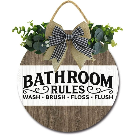 Eveokoki 12" Bathroom Rules Signs for Front Door Farmhouse Rustic Round Wooden Hanging Wreaths for Bathroom Wash House Toilet Housewarming Gift Decoration Indoor Wall Decor