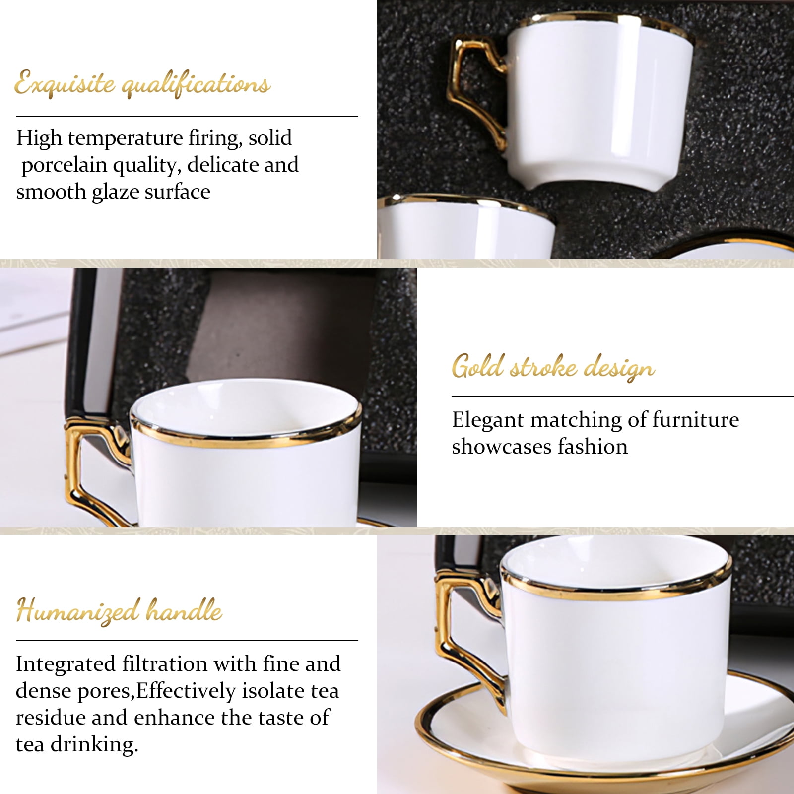 6 Pack Coffee Cup Set - 3oz Ceramic Demitasse Cups with Saucers, Gold-Plated Rim, for Espresso & Turkish Coffee,White