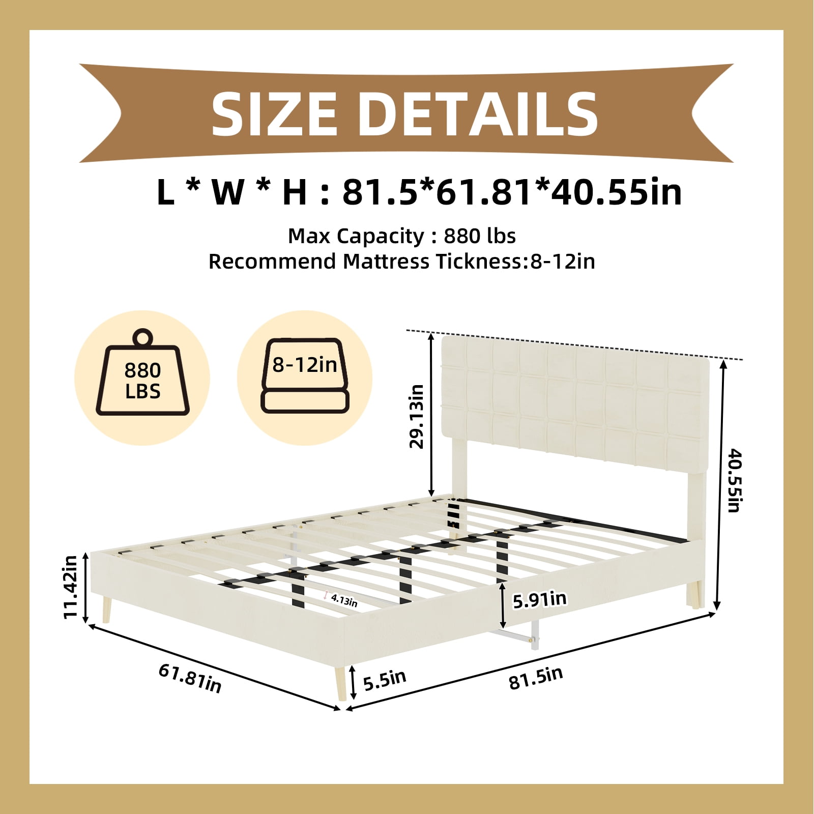 Leumius Queen Size Upholstered Platform Bed Frame with Tufted Headboard and Ergonomic Padding,Beige